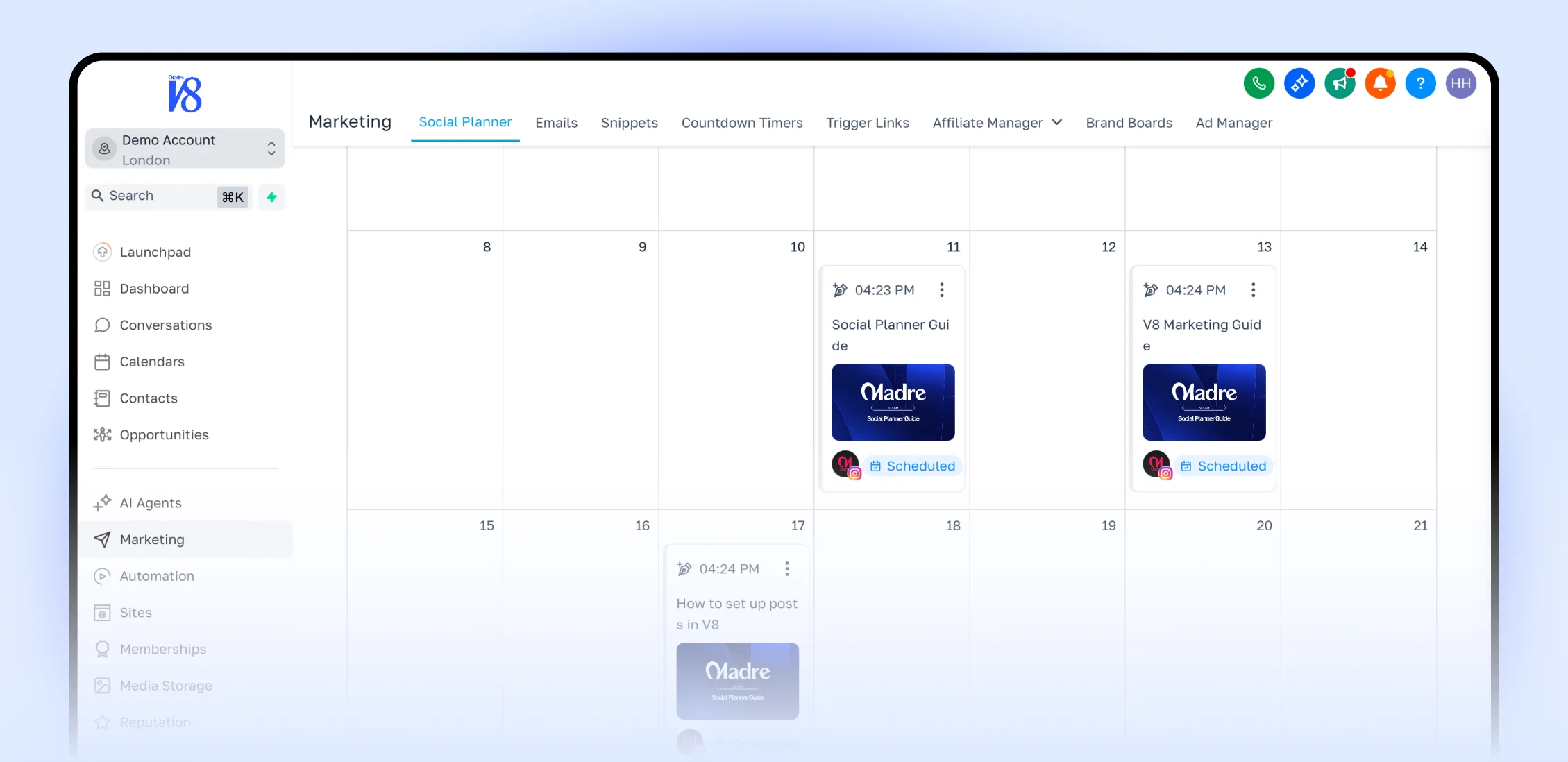 Social Media Scheduling V8 crm